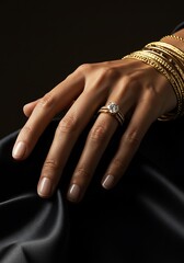 Elegant hand with diamond ring and gold bracelets on dark fabric