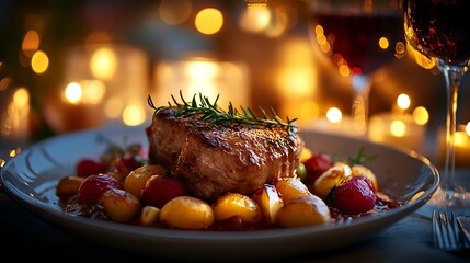 Exquisite grilled steak dinner, adorned with rosemary, presented in a sophisticated setting