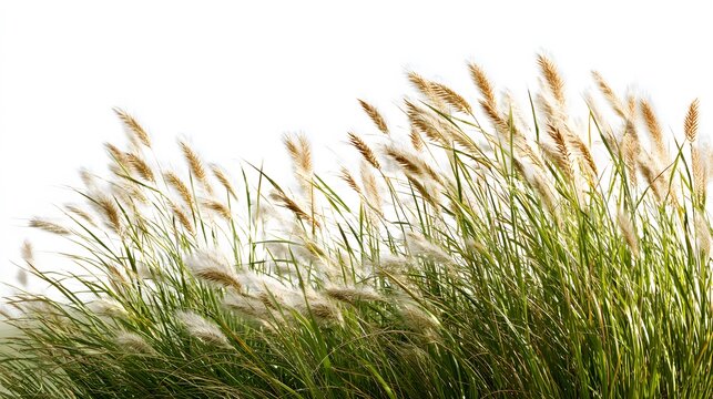 Lush green grasses and feathery seed heads sway gently against a stark white background, capturing a serene natural scene with sunlight and breezy ambiance.