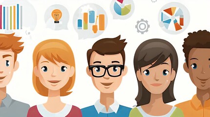 Diverse business team collaboratively brainstorming and sharing innovative ideas, analyzing data for strategic development, and communicating effectively for digital media initiatives - Powered by Adobe