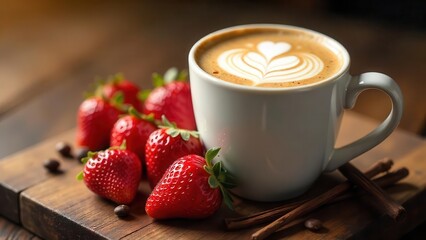 Aromatic Coffee with Latte Art and Fresh Strawberries on Rustic Wood