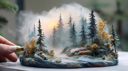 Mystical Miniature Forest: A Detailed Diorama of a Foggy Woodland Landscape