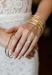 Elegant hand with gold bangles and a diamond ring on a white dress