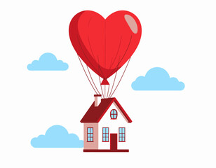 Naklejka premium A small house is lifted into the air by a large, red heart-shaped hot air balloon, surrounded by fluffy blue clouds.