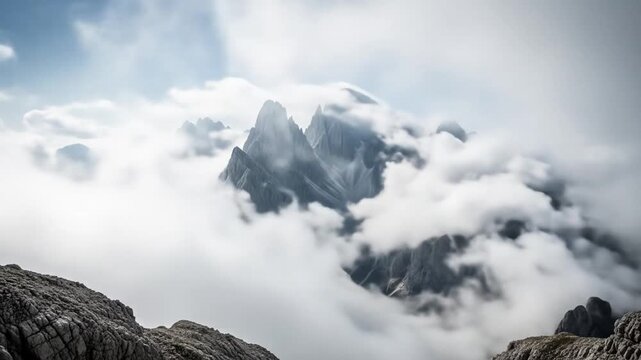Majestic mountain peaks piercing through a swirling sea of clouds, a sublime panorama