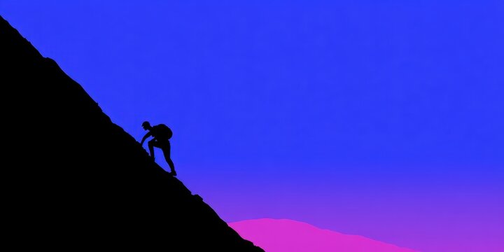 Endeavoring Heights: Silhouette of a climber scaling a steep mountain, silhouetted against a gradient sky, symbolizing perseverance, challenge, and ambition in a landscape of awe.