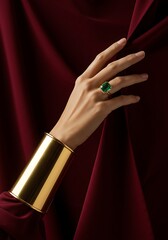 Elegant hand with gold cuff and gemstone ring against deep red fabric