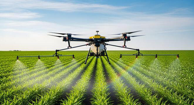 Agricultural Drone Spraying Fertilizer Over a Green Field - Modern Farming
