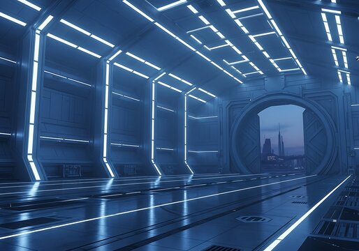Symmetrical Futuristic Corridor with a Distant Cityscape and Blue Illuminated Architecture