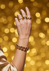 Elegant hand with gold jewelry against a blurred golden background