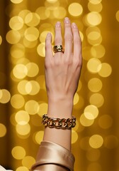 Elegant hand with gold jewelry against a blurred background of warm lights