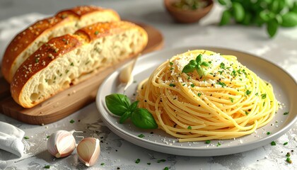 Delicious spaghetti pasta dish served with fresh basil, grated cheese, and chopped herbs on a grey plate.