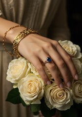 Elegant hand with gold jewelry and bouquet of white roses