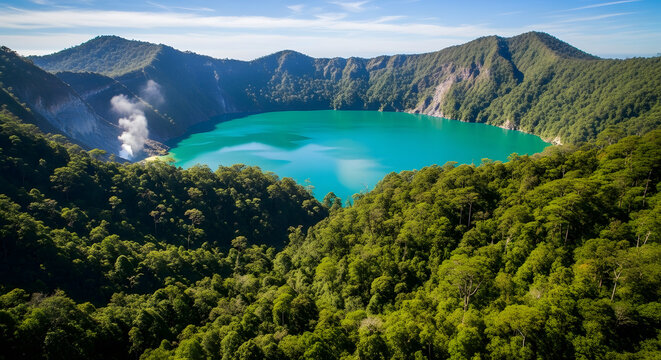 Panoramic View of Kelimutu Lake, Flores Island, Indonesia, with Turquoise Water
