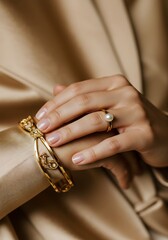 Elegant hand with gold jewelry displaying a pearl ring and bracelet