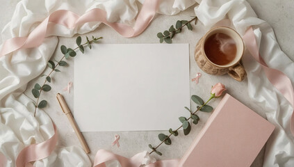 Flat lay with blank card, pink ribbons, rose, notebook and tea on fabric background, breast cancer awareness support concept, mockup template for invitations or campaigns