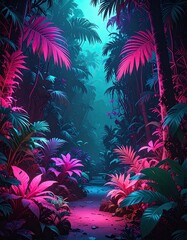 Vivid jungle path. Neon flora under surreal, electric light