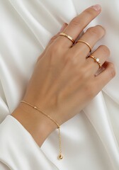 Elegant hand with jewelry against a white cloth background