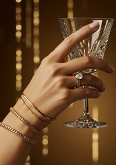 Elegant hand with jewelry holding crystal glass for celebration