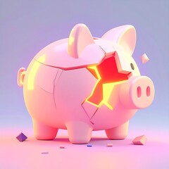 Fototapeta premium A shattered pink piggy bank with a bright glowing light emerging from its cracks, symbolizing financial loss and economic crisis