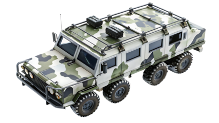 Camouflaged military all-terrain vehicle on cutout png isolated on a transparent background