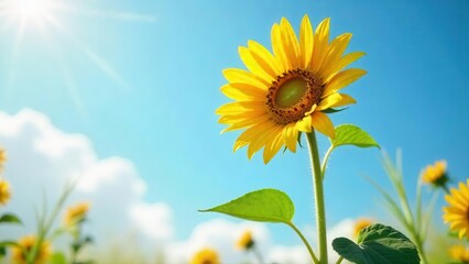A Vibrant Sunflower Reaching for the Sun on a Bright Sunny Day in a Field of Other Sunflowers