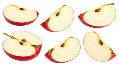 Red juicy apple slice isolated on white background, full depth of field