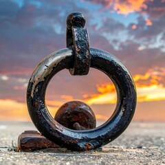 Close-up of a dark metal ring against sunset sky