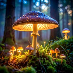 Glowing mushrooms in forest