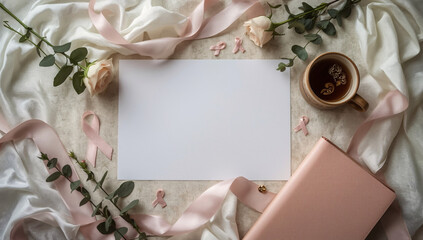 Flat lay with blank card, pink ribbons, rose, notebook and tea on fabric background, breast cancer awareness support concept, mockup template for invitations or campaigns