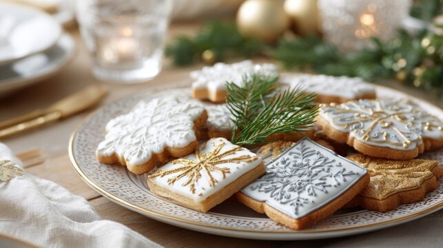 Elegant holiday cookies with gold icing on festive table setting background. intricately decorated Christmas cookies with gold and silver accents, elegant patterns, festive table setting.