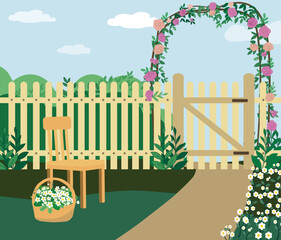 Flower Garden Illustration &ndash; Chair and Basket of Flowers by Wooden Fence