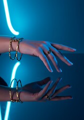 Elegant hands with golden jewelry in neon light display
