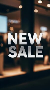 Promotional video advertisement for big savings event, featuring bold "New Sale" text with discounts and offers displayed on a retail store window at night, promoting limited time deals