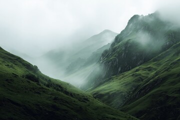 Dramatic misty mountain scenery green landscape fog clouds atmospheric moody nature travel hiking adventure wilderness scenic beauty
