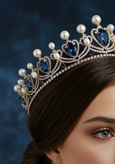 Elegant jeweled crown on a womans head against a dark background