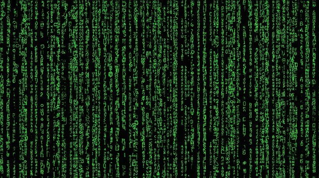 Green digital rain of streaming computer code on a black background.