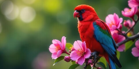 A vibrant red and blue parrot perched gracefully on a blossoming branch, surrounded by delicate pink flowers in a serene natural setting