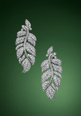 Elegant leaf shaped diamond earrings on a green background with copy space