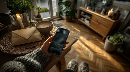 First-Person View of a Hand Holding a Blank Smartphone Next to a Kraft Paper Envelope on a Wooden Table