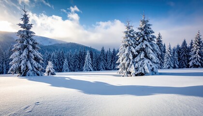 Majestic winter landscape displays snow-covered evergreen trees amidst a field of pristine white snow under a clear blue sky dotted with fluffy clouds, evoking a sense of tranquility.