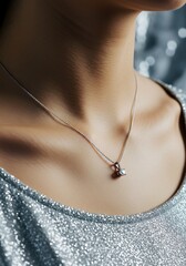 Elegant necklace adorns a womans neckline against a shimmering background