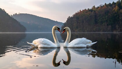 Fototapeta premium Two swans elegantly face each other with their necks intertwined, creating a heart shape reflected in the calm water, as they float serenely on a tranquil lake.