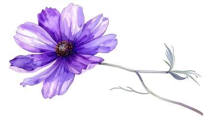 Delicate, purple cosmos flower in watercolor style