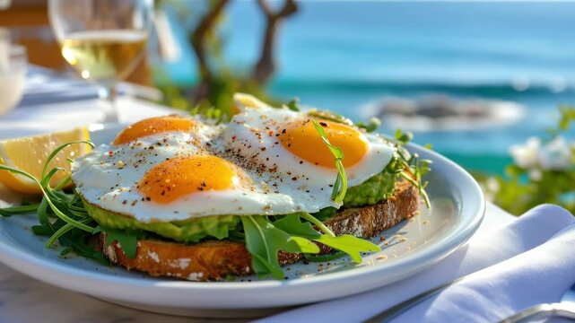 Mediterranean Continental breakfast in open-air restaurant against of seascape, Fried eggs, avocado and arugula. Sea sunset. Holidays in resort hotel, relaxation, travel.