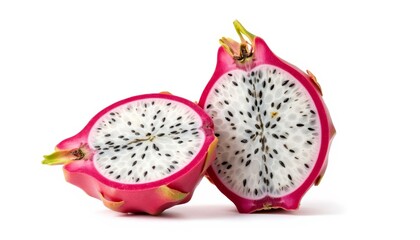 Sliced dragon fruit on white background showing pink skin and seeds  