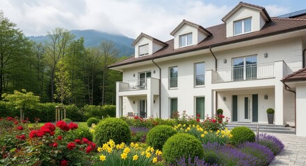 Elegant modern white apartment building with lush gardens and mountainous backdrop