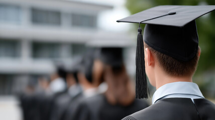 Obraz premium High-angle view of students standing in a neat queue wearing traditional graduation gowns and mortarboard caps, ceremonial academic success and achievement celebration with blurred campus background