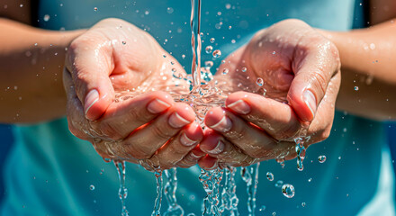 Fototapeta premium Save the resource: a transparent stream in folded palms