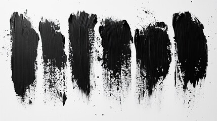 Six Raw Vertical Strokes of Black Impasto Paint with Dynamic Splatters on White.